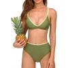 CUPSHE Women’s Bikini Sets High Waisted Two Piece Swimsuit V Neck Color Block Full Coverage Bathing Suit Lace Up Back(Olive Green)