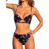 CUPSHE Women’s Bikini Sets High Waisted Two Piece Swimsuit W Wire Underwire Push Up Bathing Suit Cutout Back Lace Up(Black/Floral)