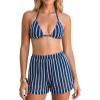 CUPSHE Women’s Bikini Sets Three Piece Swimsuit Boyshorts V Neck Textured Halter Back Self Tie Bathing Suits(Navy Striped)