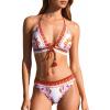 CUPSHE Women’s Bikini Sets Two Piece Swimsuit Bathing Suit Halter V Neck Lace Up Self Tie Mid Rise(Brick Red/White Floral)