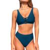 CUPSHE Women’s Bikini Sets Two Piece Swimsuit Deep V Neck Cutouts Bathing Suit Mid Rise Full Coverage Back Hook(Dark Teal)