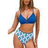 CUPSHE Women’s Bikini Sets Two Piece Swimsuit High Waisted Bathing Suits V Neck Crossback Tie Beading(Blue/White Floral)