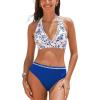 CUPSHE Women’s Bikini Sets Two Piece Swimsuit High Waisted Halter Back Self Tie V Neck Textured Hollow Out(White/Blue Floral)