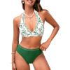 CUPSHE Women’s Bikini Sets Two Piece Swimsuit High Waisted Halter Back Self Tie V Neck Textured Hollow Out(White/Green Floral)