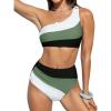 CUPSHE Women’s Bikini Sets Two Piece Swimsuit High Waisted One Shoulder Color Block Ruched Asymmetrical(Black/Dark Green)