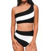 CUPSHE Women’s Bikini Sets Two Piece Swimsuit High Waisted One Shoulder Color Block Ruched Asymmetrical(Black/White)