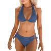 CUPSHE Women’s Bikini Sets Two Piece Swimsuit Plunging Neck Halter Low Rise Cheeky Bottom Strappy Side Tie, M Steel Blue