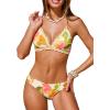 CUPSHE Women’s Bikini Sets Two Piece Swimsuit V Neck Halter Back Self Tie Eyelet Trim Mid Rise(Beige/Pink Floral)