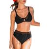CUPSHE Women’s Bikini Sets Two Piece Swimsuit V Neck High Waisted Bathing Suit Mesh Keyhole Adjustable Straps(Black)