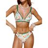 CUPSHE Women’s Bikini Sets Two Piece Swimsuit V Neck Stitching Side Cutout Back Hook Adjustable Straps(White Green Floral)