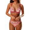 CUPSHE Women’s Bikini Sets Two Piece Swimsuit V Neck Stitching Side Cutout Back Hook Adjustable Straps(White Red Floral)