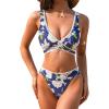 CUPSHE Women’s Bikini Sets Two Piece Swimsuit V Neck Wrap Bralette Stitching Back Self Tie Wide Straps(Navy/Beige Floral)