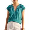CUPSHE Women’s Cap Sleeve Tops 2026 Summer V-Neck Henley Shirts Pleated Blouses Loose Casual Shirts(Peacock Blue)