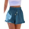 CUPSHE Womens Cotton Shorts Smock Waisted Summer Coverup Beach Shorts Ruffle Trim Casual Bottoms(Blue)