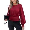 CUPSHE Women’s Crew Neck Frill Shirred Lantern Long Sleeve Blouse Office Shirt Work Top(Red)
