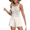 CUPSHE Womens Crochet Beach Cover Ups Casual Sleeveless Romper Square Neck Backless Shorts Overalls Mini Coverup(Beige)