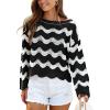 CUPSHE Women’s Crochet Cover Up Long Sleeve Striped Beach Cover Up Top Summer Casual Knit Tops for Swimwear(Top Only)(Black Stripes)