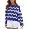 CUPSHE Women’s Crochet Cover Up Long Sleeve Striped Beach Cover Up Top Summer Casual Knit Tops for Swimwear(Top Only)(Royal Blue Stripes)