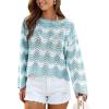 CUPSHE Women’s Crochet Cover Up Long Sleeve Striped Beach Cover Up Top Summer Casual Knit Tops for Swimwear(Top Only)(Sky Blue Stripes)