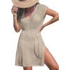 CUPSHE Womens Crochet Swimsuit Coverup Short Sleeve V Neck Mesh Mini Dress Split Casual Knit Beach Cover Ups(Apricot)