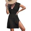 CUPSHE Womens Crochet Swimsuit Coverup Short Sleeve V Neck Mesh Mini Dress Split Casual Knit Beach Cover Ups(Black)