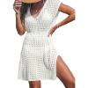 CUPSHE Womens Crochet Swimsuit Coverup Short Sleeve V Neck Mesh Mini Dress Split Casual Knit Beach Cover Ups(White)