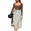 CUPSHE Womens Fall Casual Work Dress Long Sleeve Square Neck Waist Tie Abstract Print Midi Dresses(Brown-stripe)
