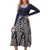 CUPSHE Womens Fall Casual Work Dress Long Sleeve Square Neck Waist Tie Abstract Print Midi Dresses(Navy Blue)