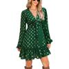 CUPSHE Women’s Fall Christmas Holiday Mini Dress Long Sleeve Polka Dots Short Dress Smocked Bow Tie Flowy Dresses(Green)
