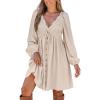 CUPSHE Women’s Fall Dresses 100% Cotton Crochet Lace Button Front Plunging V Neck Tie Front Mini Dress(Beige)