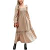 CUPSHE Womens Fall Dresses 2025 Square Neck Smocked Long Sleeve Ruffled Lace Long Formal A Line Maxi Wedding Guest Dress(Beige)
