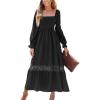 CUPSHE Womens Fall Dresses 2025 Square Neck Smocked Long Sleeve Ruffled Lace Long Formal A Line Maxi Wedding Guest Dress(Black)