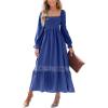 CUPSHE Womens Fall Dresses 2025 Square Neck Smocked Long Sleeve Ruffled Lace Long Formal A Line Maxi Wedding Guest Dress(Navy Blue)