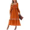 CUPSHE Womens Fall Dresses 2025 Square Neck Smocked Long Sleeve Ruffled Lace Long Formal A Line Maxi Wedding Guest Dress(Orange)