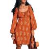 CUPSHE Women’s Fall Dresses Long Sleeve Scoop Neck Casual Drawstring Floral High Waist Elegant Party Mini Dress(Burnt Orange)