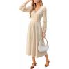 CUPSHE Women’s Fall Knit Sweater Dress Long Sleeve Flowy Midi Dress V Neck Wrap Lace Knitted Long Dress(Beige)