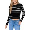 CUPSHE Women’s Fall Lightweight Sweaters Striped Crew Neck Long Sleeve Pullover Knitted Tops(Black & White)