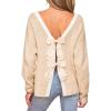 CUPSHE Women’s Fall Pullover Top Bow Ribbed Knit Crew Neck Long Sleeve Contrast Trim Sweater(Beige)
