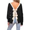 CUPSHE Women’s Fall Pullover Top Bow Ribbed Knit Crew Neck Long Sleeve Contrast Trim Sweater(Black)