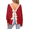 CUPSHE Women’s Fall Pullover Top Bow Ribbed Knit Crew Neck Long Sleeve Contrast Trim Sweater(Red)