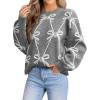 CUPSHE Womens Fall Sweaters Casual Bow Crew Neck Puff Long Sleeve Holiday Pullover Knitted Top Sweater(Grey)