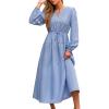 CUPSHE Women’s Fall Wedding Guest Dress V Neck Long Sleeve Drawstring Ruffled Casual Flowy Elegant Party Maxi Dresses(Blue)
