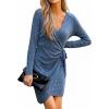 CUPSHE Women’s Knit Dress Long Sleeve Wrap V Neck Waist Tie Bodycon Mini Sweater Dress(Blue)