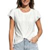 CUPSHE Women’s Knit Eyelet Tops, Round Neck Flutter Short Sleeves Knotted Summer T Shirts(White)
