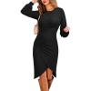 CUPSHE Women’s Knit Ruched Wrap Bodycon Dress Crew Neck Long Sleeve Sexy Party Cocktail Work Fall Midi Dress(Black)
