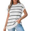 CUPSHE Womens Knit Short Sleeve Sweater Striped Crew Neck Cap Sleeve Top Casual Pullover Tops(Black Stripe)