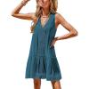 CUPSHE Women’s Lace Bathing Suit Cover Up Sleeveless V-Neck Swimsuit Coverup Ruffle Swimwear Beach Dress(Peacock Blue)