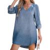 CUPSHE Women’s Long Sleeve Denim Shirt Dress Casual V Neck Mini Distressed Roll Tab Jean Dresses(Light Blue)