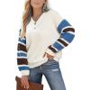 CUPSHE Womens Long Sleeve V Neck Sweaters Loose Knit Striped Button Up Chunky Oversized Pullover Sweater(Blue)