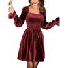 CUPSHE Women’s Long Sleeve Velvet Mini Dress Smocked Christmas Cocktail Party Dress Square Neck Short Dresses(Burgundy)